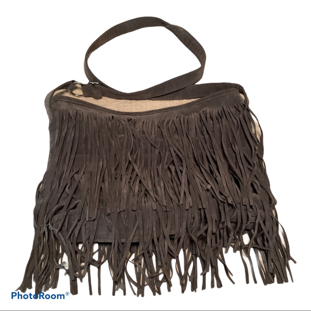 Gray Leather Fringe Slouch Purse